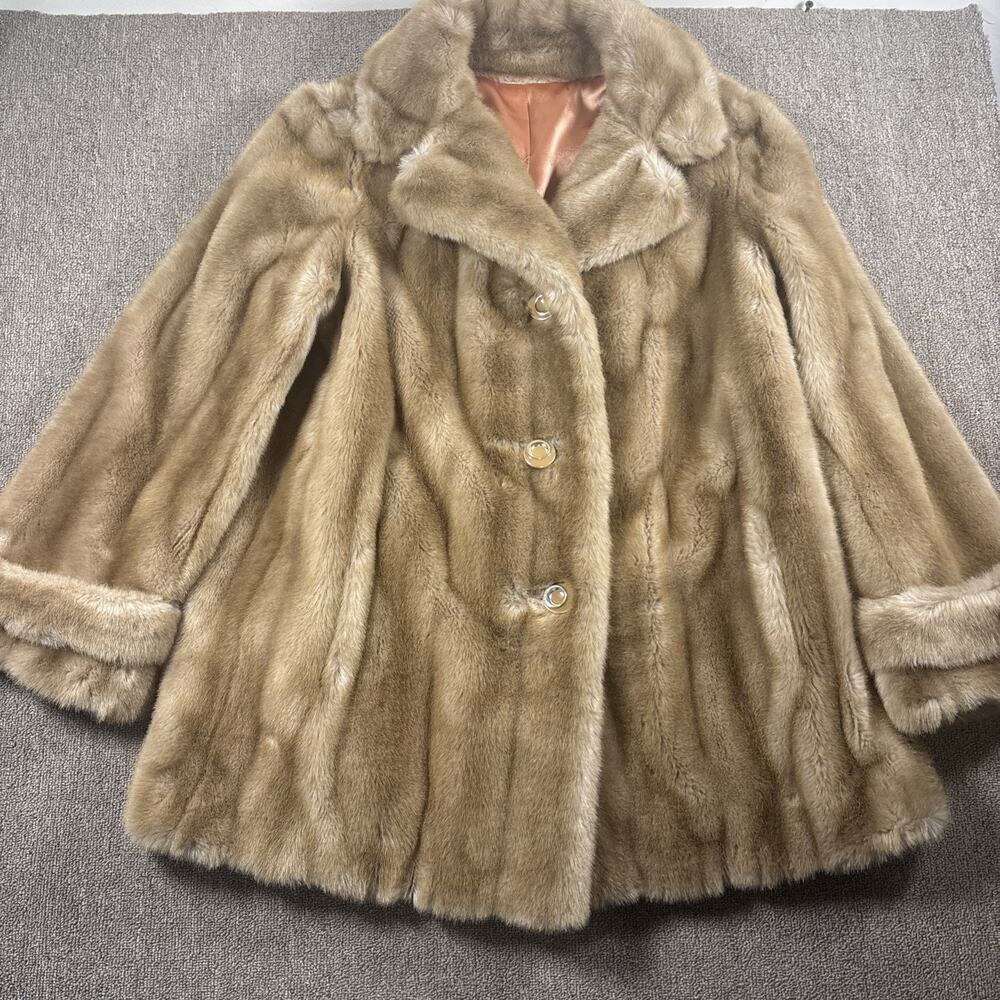 Vintage 60s Grandella Sportowne Faux Mink Fur Coat Tan Satin Lined Mod